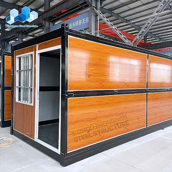 Casa contenedor plegable en color de grano de madera.